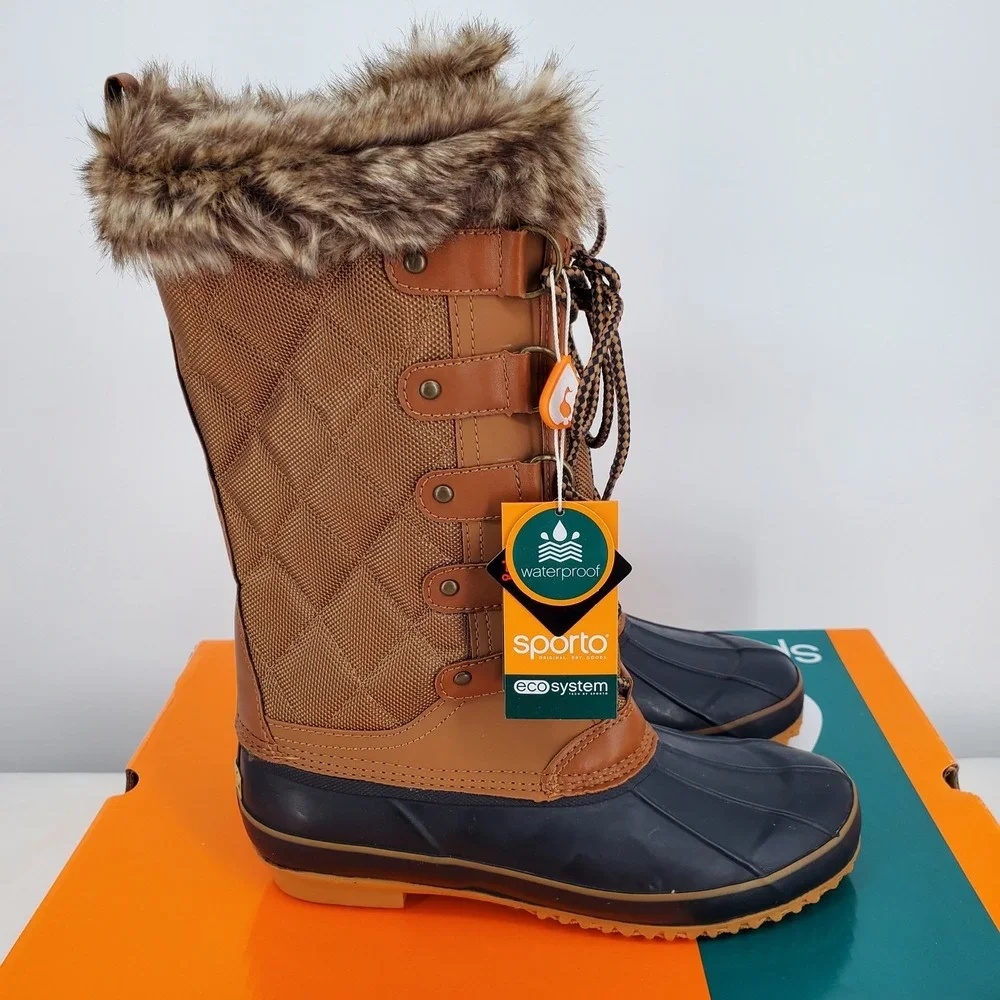 Sporto Deal Waterproof Duck Boots Women 9 M Tan Navy Faux Fur Trim Round Toe New